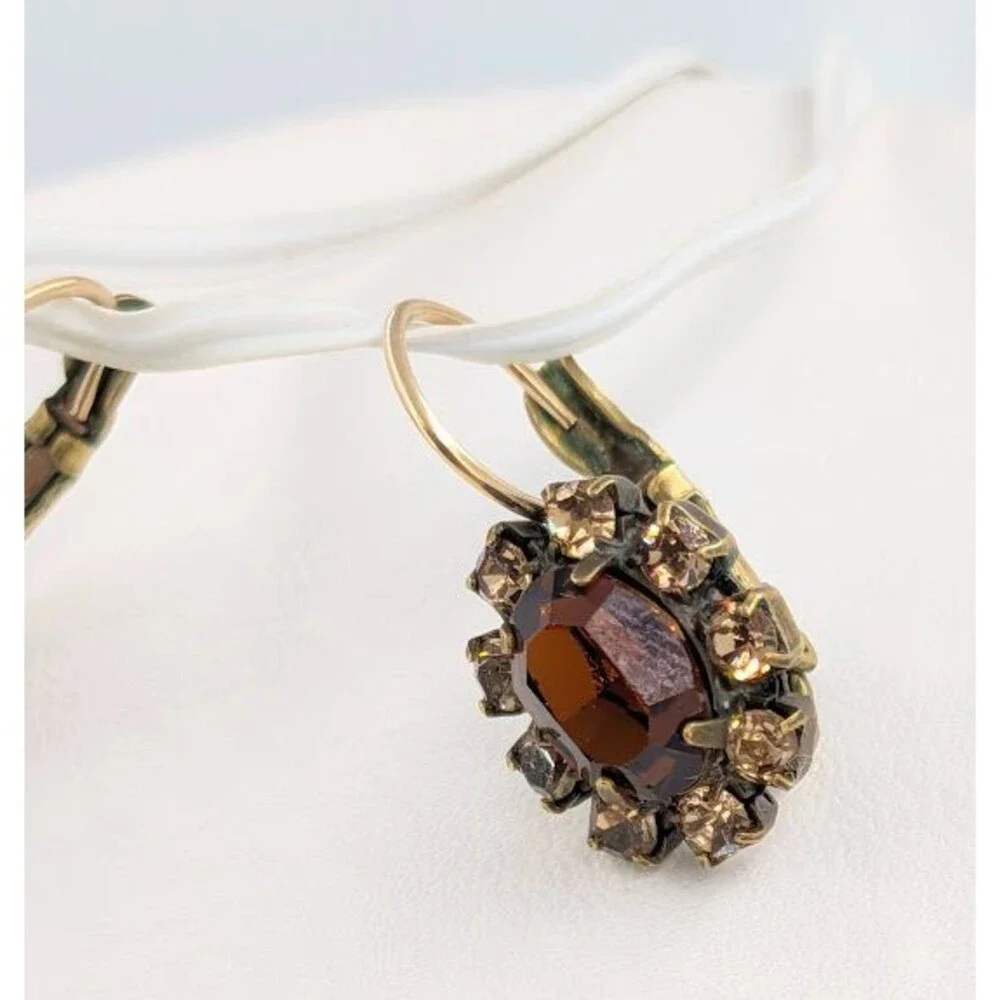 Liz Palacios Amber Crystal Necklace Earrings Set Gold Tone Signed 16 Inch Glam